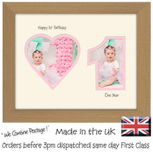 1st Birthday Photo Frame - 1st Birthday with Heart Landscape photo frame 1159F 9"x7" mount size  , Choices of frames & Borders