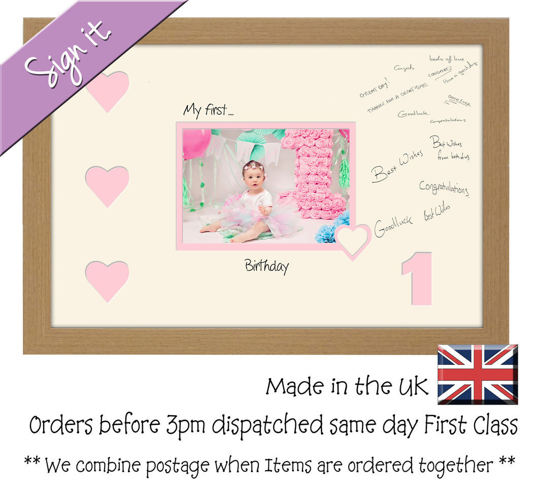 1 - My First Birthday with Hearts Signing Guest Photo Frame Double Mounted Gift 1st 7