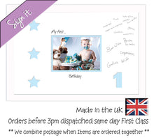 1 - My First Birthday with Stars Signing Guest Photo Frame Double Mounted Gift 1st 7"x5" photo 700D 450mm x 297mm mount size  , Choices of frames & Borders