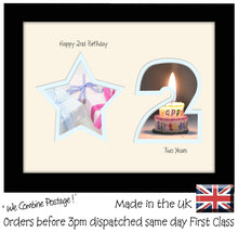 2nd Birthday Photo Frame - 2nd Birthday with Star Landscape photo frame 1162F 9"x7" mount size  , Choices of frames & Borders