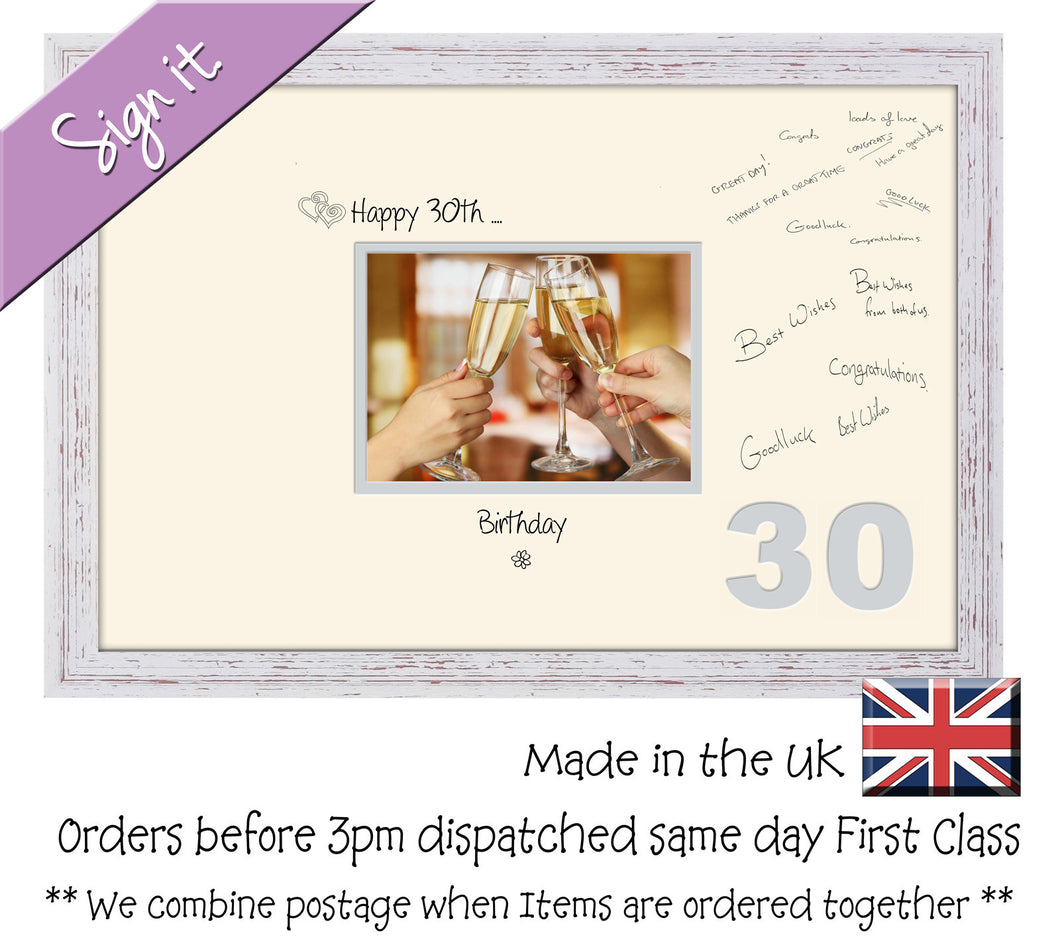 30th Birthday Signing Guest Photo Frame Gift 7x5 Photo by Photos in a Word 664D 450mm x 297mm mount size  , Choices of frames & Borders