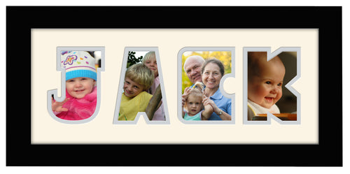 4 Letter Photo Frame - Double Mounted Four Letter Custom Name Personalised Word Photo Frame 1266BB 375mm x 151mm mount size  , Choices of frames & Borders