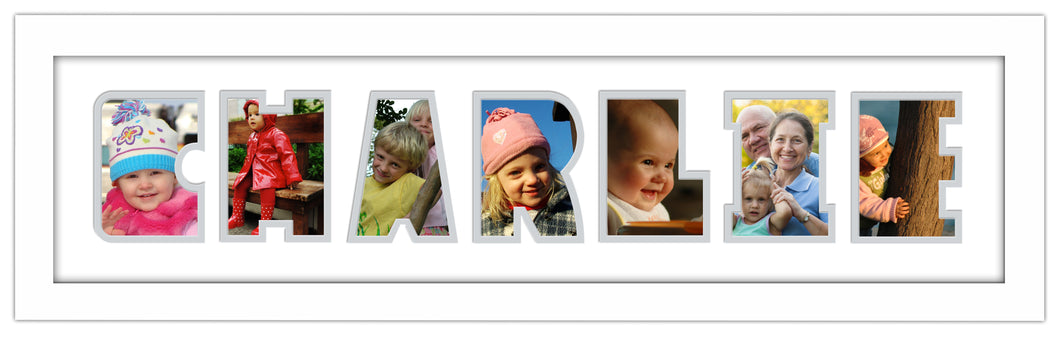 7 Letter Photo Frame - Double Mounted Seven Letter Custom Name Personalised Word Photo Frame 1266DD 640mm x 151mm mount size  , Choices of frames & Borders
