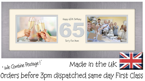 65th Birthday Photo Frame Sixty Fifth Gift Takes Two 6”x4” Landscape Photos 1227A 450mm x 151mm mount size  , Choices of frames & Borders
